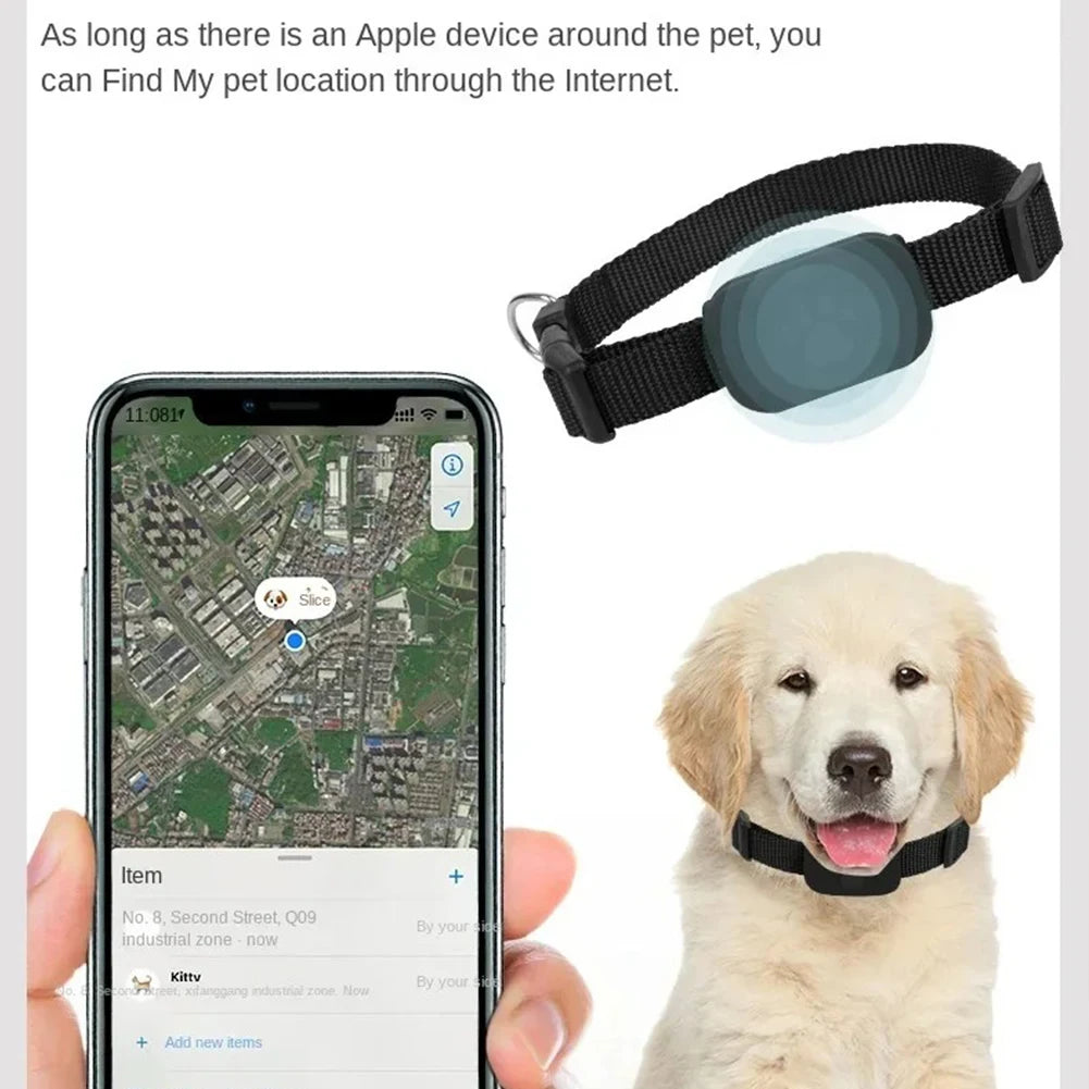 Rastreador GPS para cães e gatos à prova d'água com coleira ajustável em fundo branco