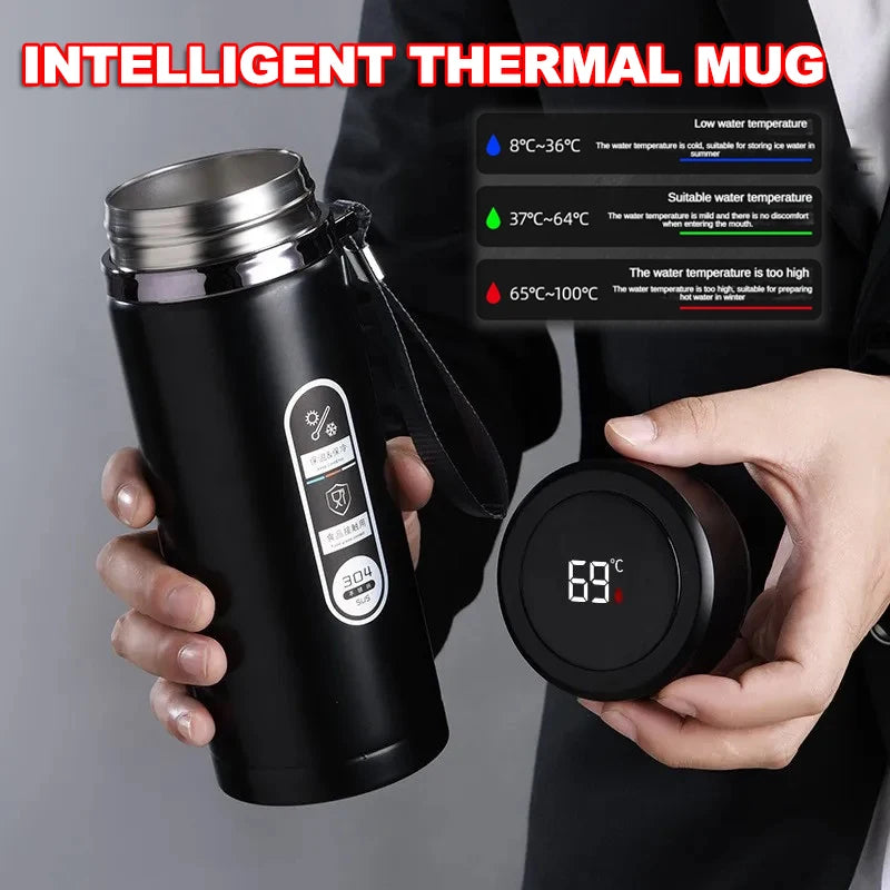 Garrafa térmica inox com display LED de temperatura em fundo branco