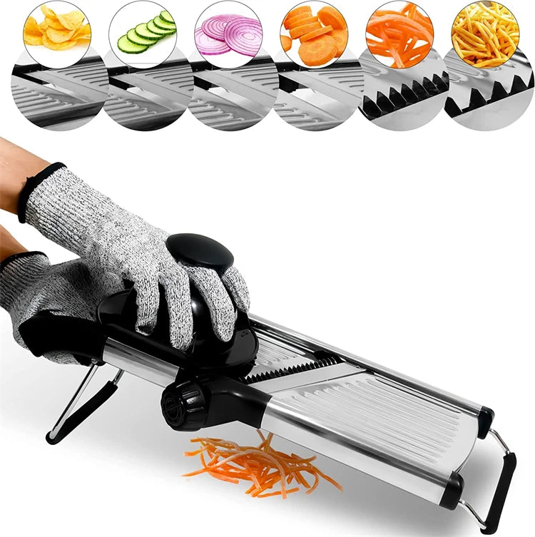 Mandoline fatiador profissional em aço inox ajustável em fundo branco