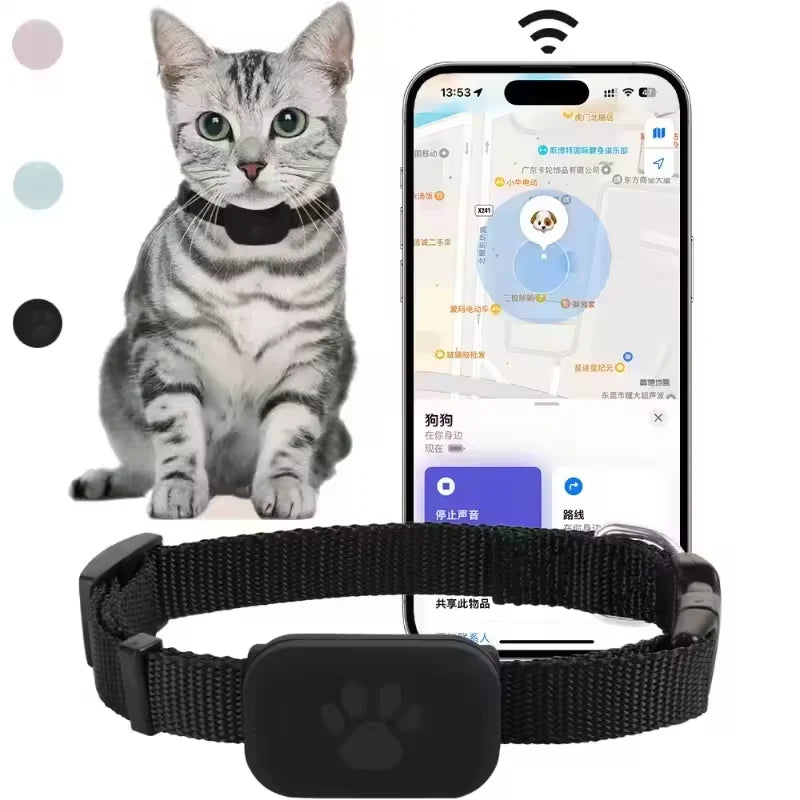Rastreador GPS para cães e gatos à prova d'água com coleira ajustável em fundo branco