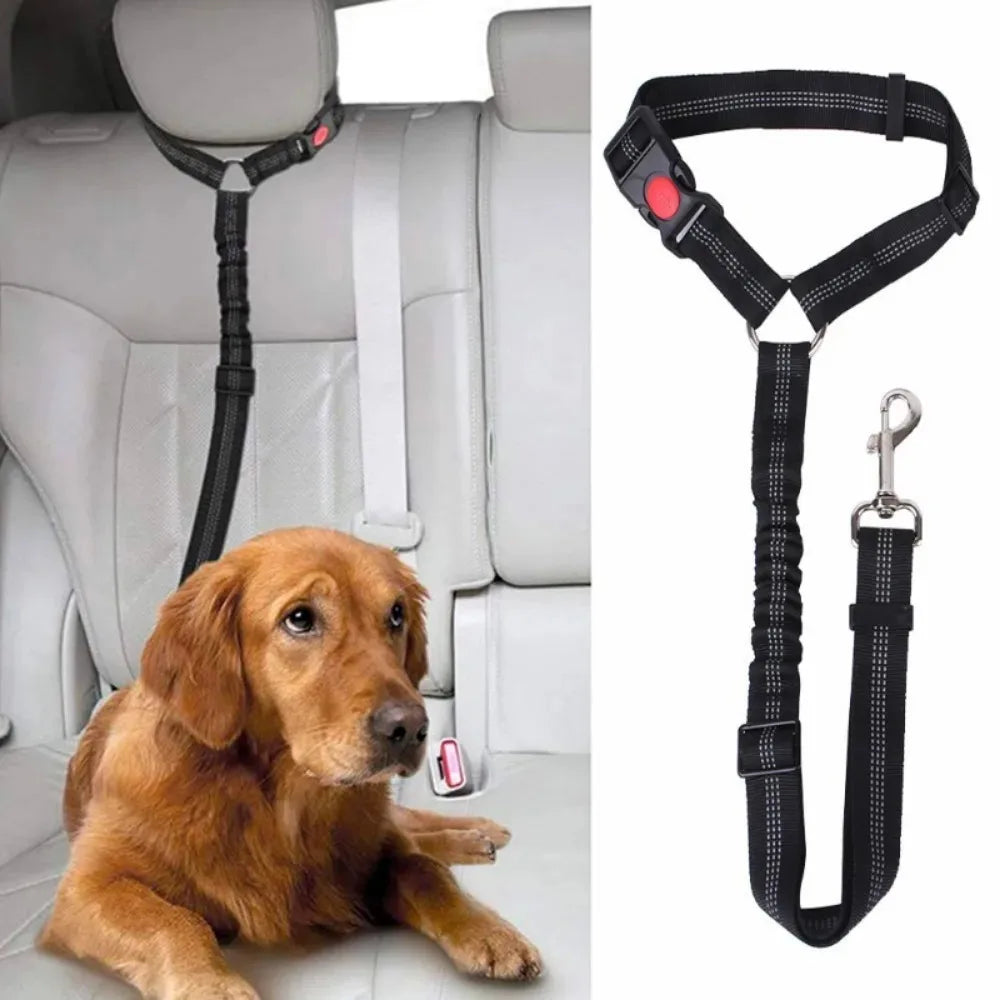 Cinto de segurança pet 2 em 1 ajustável refletivo para carro em fundo branco