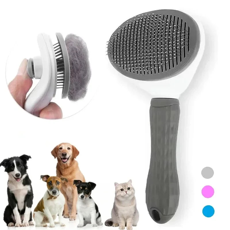 Escova tira pelos autolimpante para cães e gatos em fundo branco