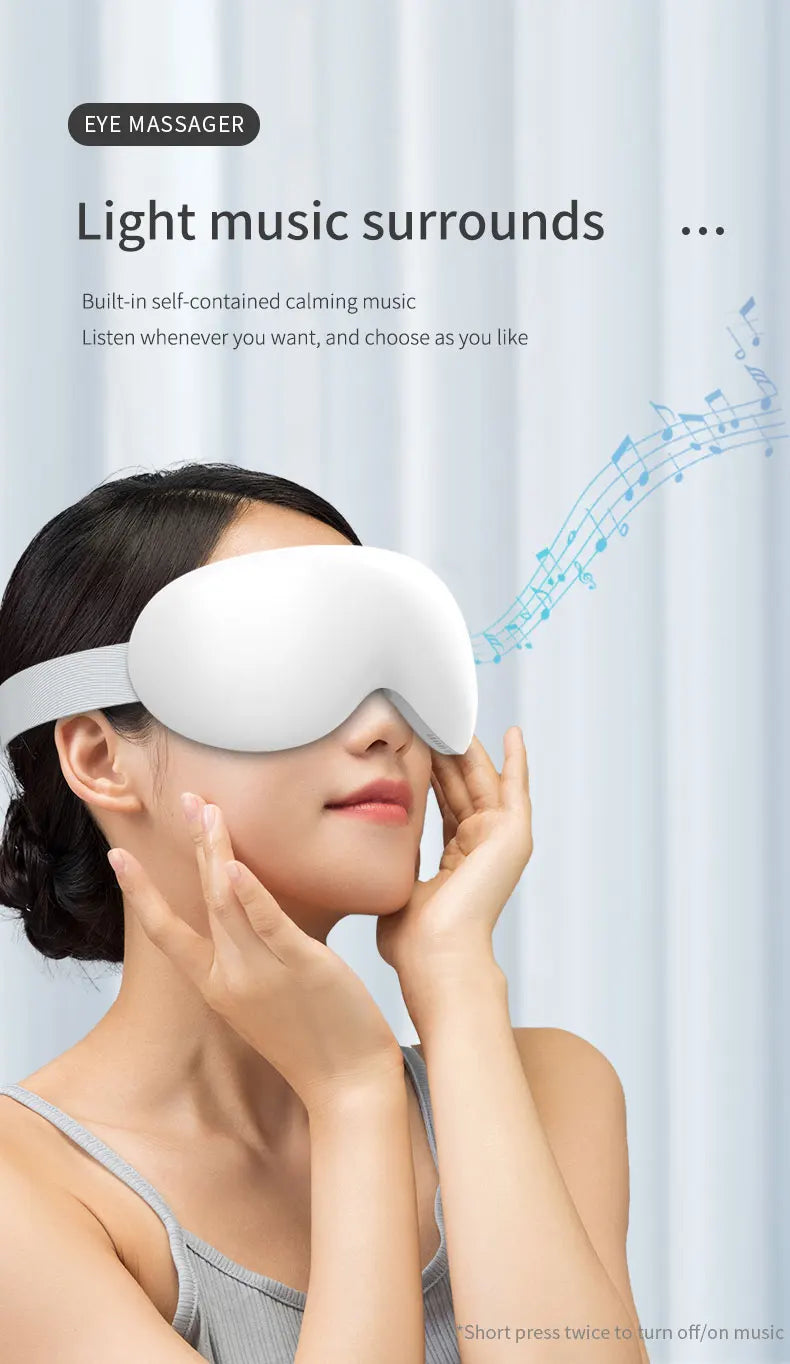 Massageador elétrico para olhos com aquecimento e Bluetooth em fundo branco