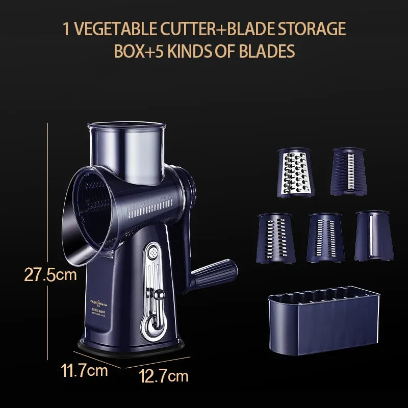Cortador e fatiador manual de legumes com 5 lâminas rotativas em fundo branco