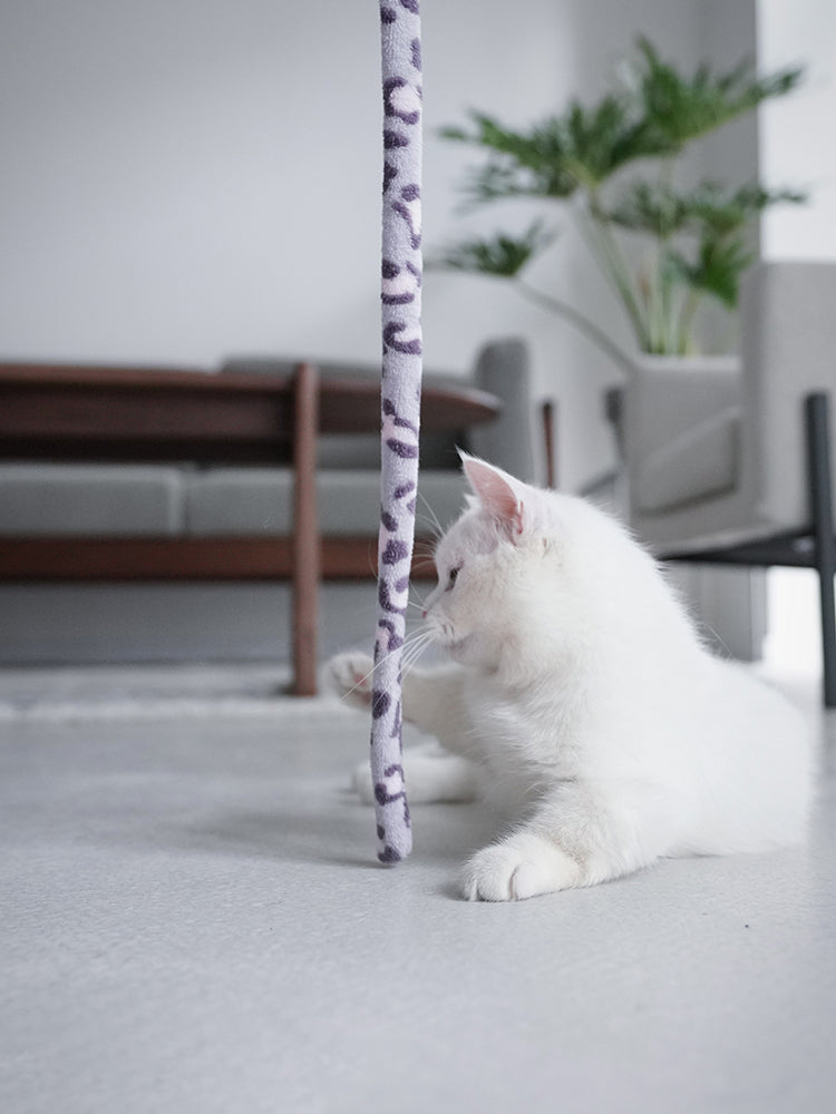 Varinha interativa com penas e sino para gatos em fundo branco
