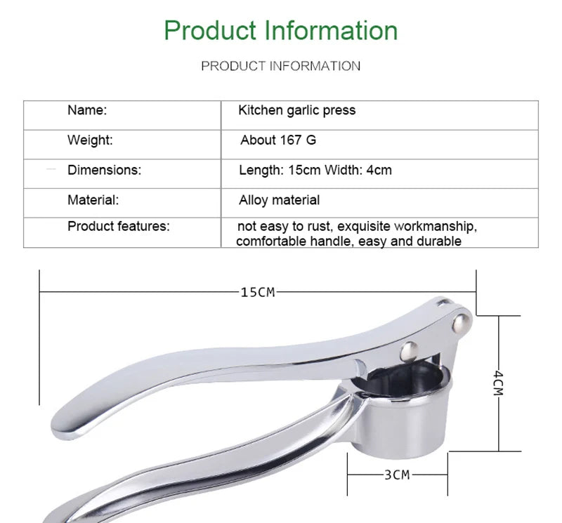 Espremedor de alho manual em aço inox com alça ergonômica em fundo branco