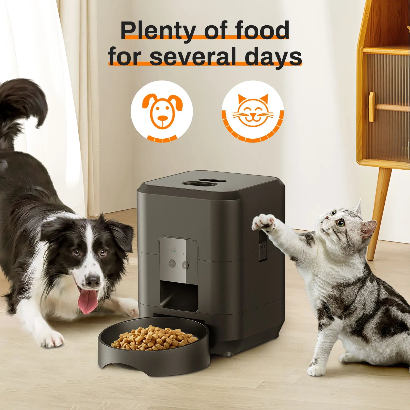 Comedouro automático para pets com timer programável e dispenser inteligente em fundo branco