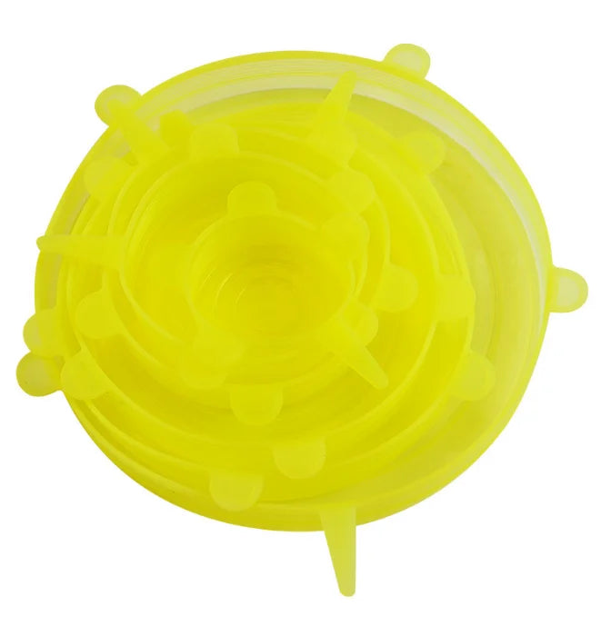 Tampas de silicone reutilizáveis kit 6 peças elásticas para potes em fundo branco