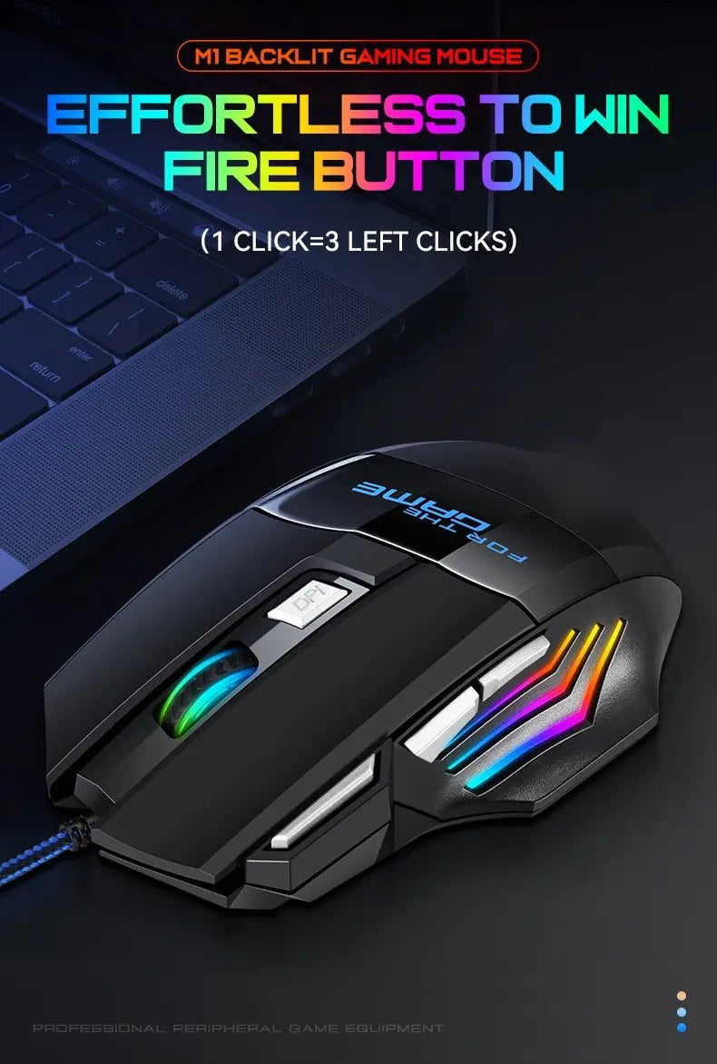 Mouse gamer USB com LED RGB ergonômico em fundo branco