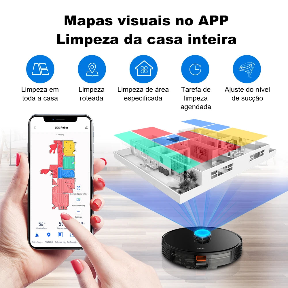 Robô aspirador com mapeamento a laser e função mop 6500Pa em fundo branco