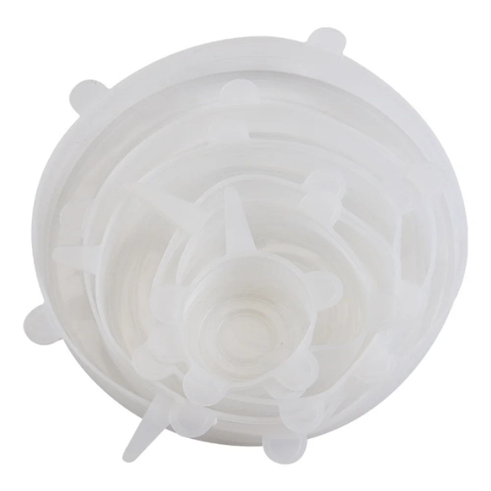 Tampas de silicone reutilizáveis kit 6 peças elásticas para potes em fundo branco