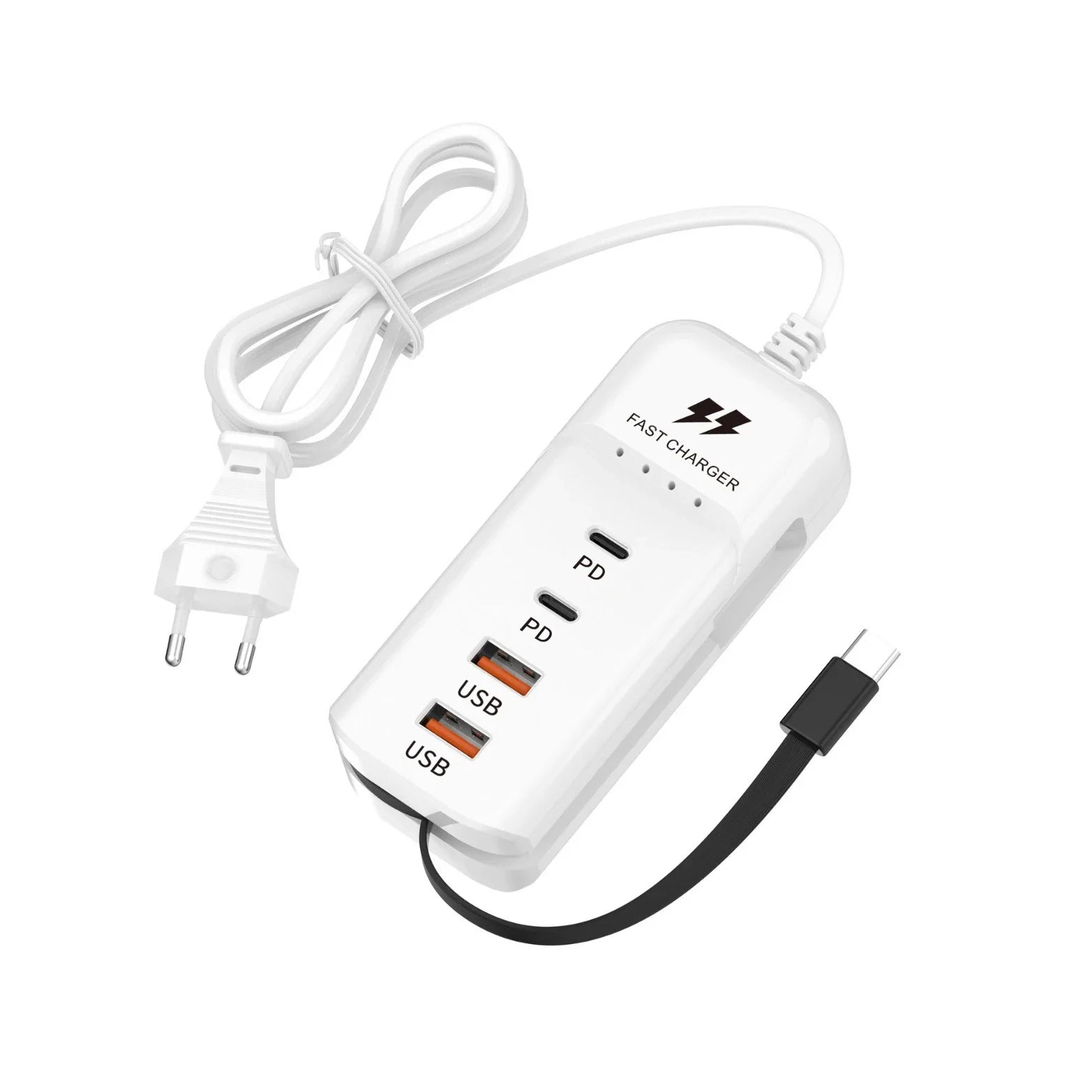 Carregador de parede USB-C 4 portas rápido em fundo branco