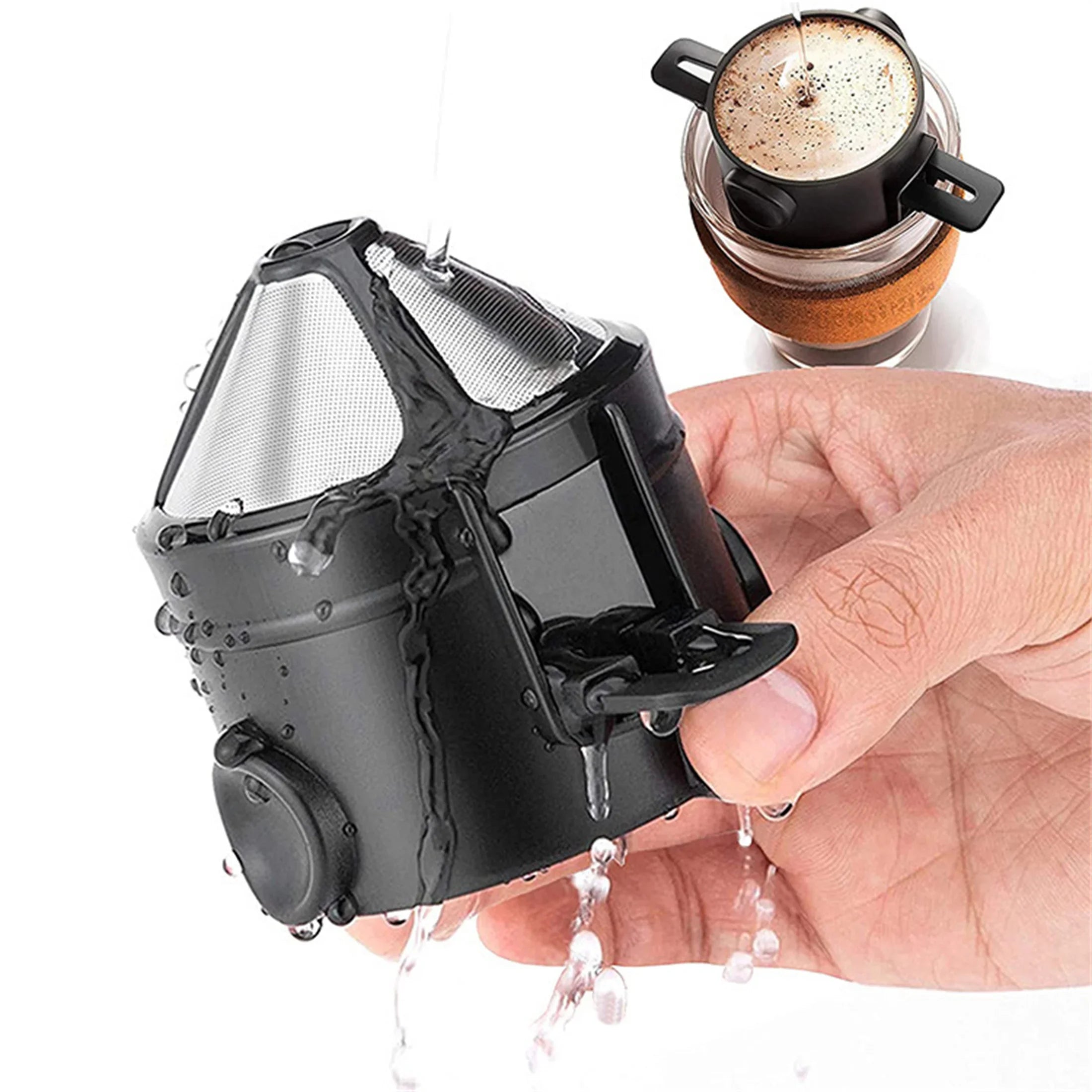 Cafeteira coador portátil inox com caneca térmica em fundo branco