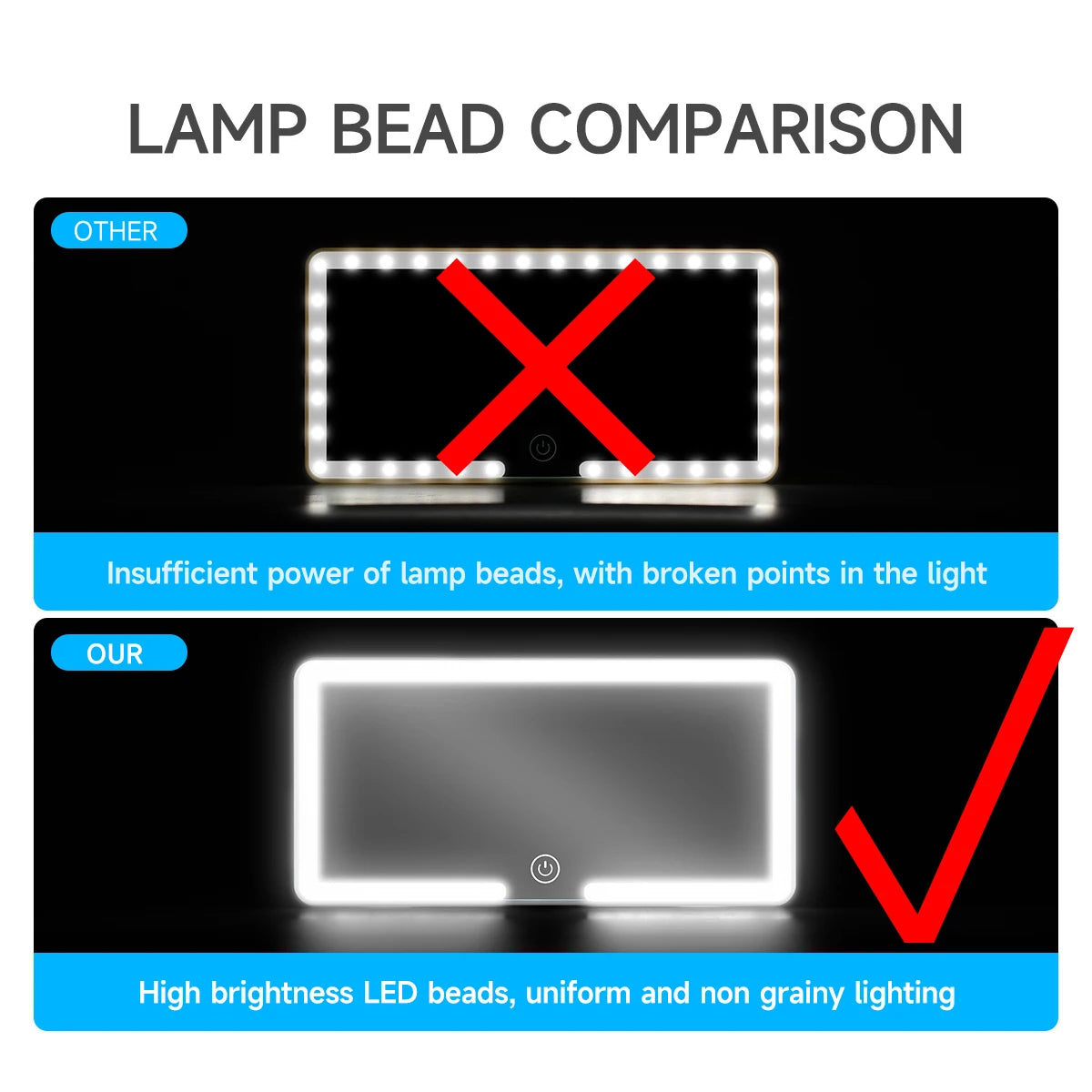 Espelho LED para carro dobrável HD com luz em fundo branco
