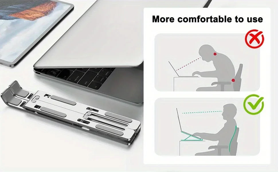 Suporte para notebook ajustável em alumínio dobrável em fundo branco