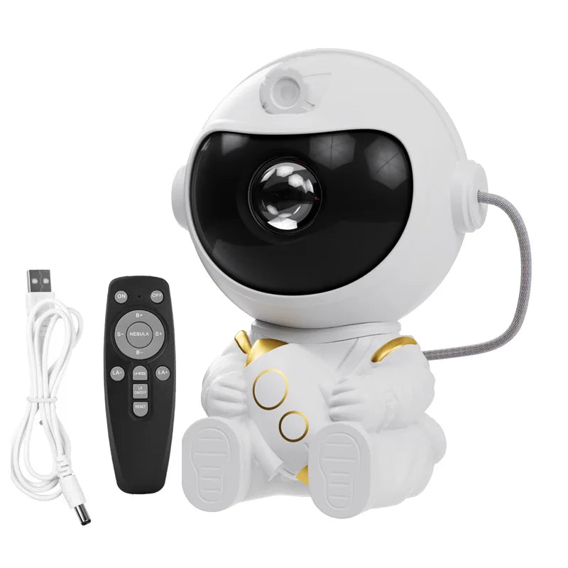 Projetor astronauta galáxia RGB com Bluetooth em fundo branco