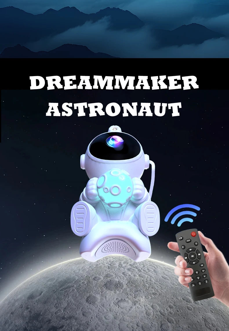 Projetor astronauta galáxia RGB com Bluetooth em fundo branco