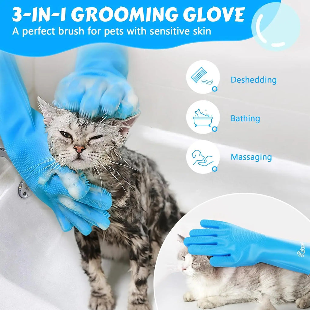 Luva de silicone banho massageadora tira pelos em fundo branco