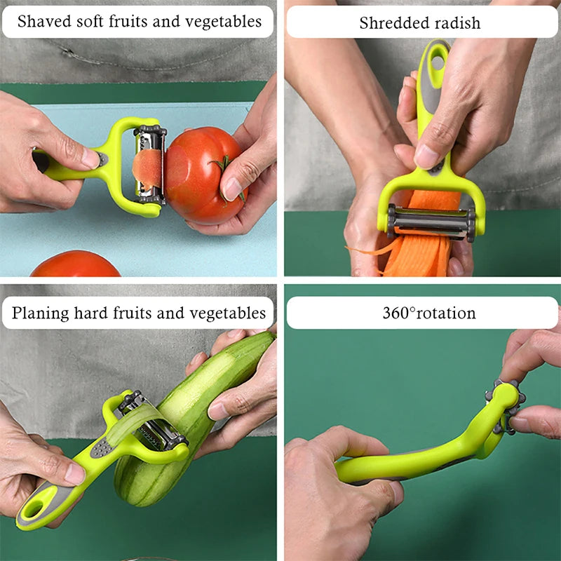 Descascador rotativo multifuncional 3 em 1 para cozinha em fundo branco