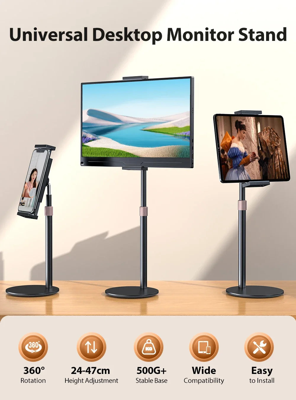 Suporte telescópico ajustável para monitor celular e tablet em fundo branco