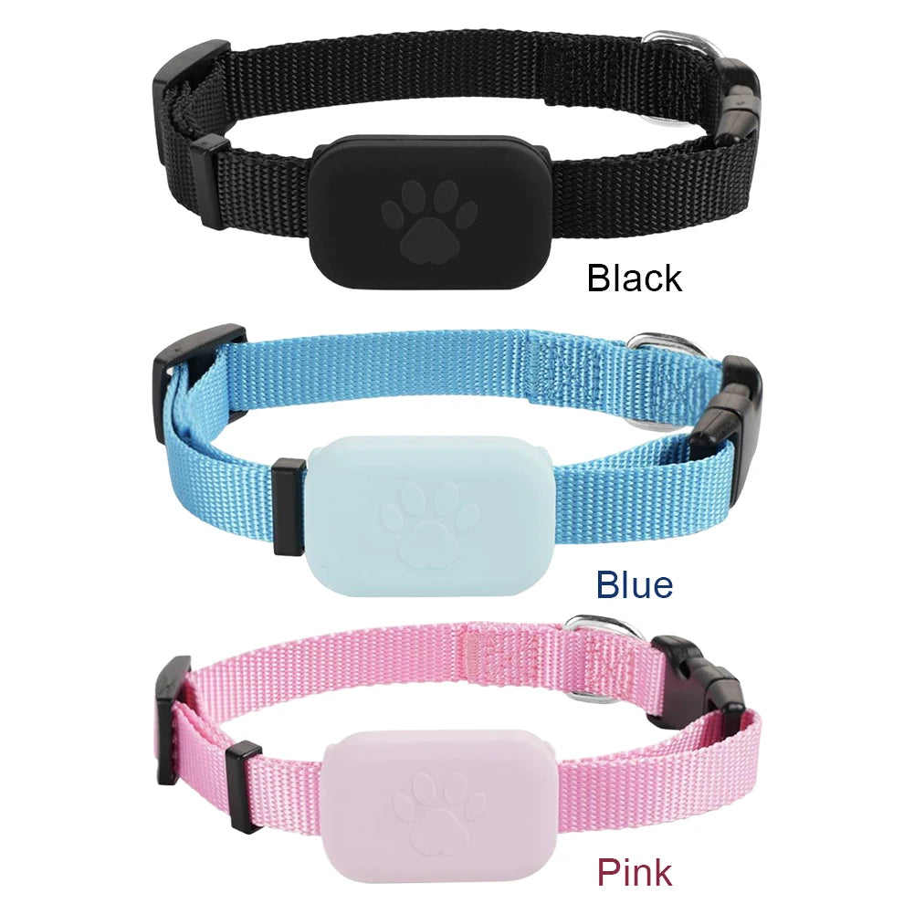 Rastreador GPS para cães e gatos à prova d'água com coleira ajustável em fundo branco