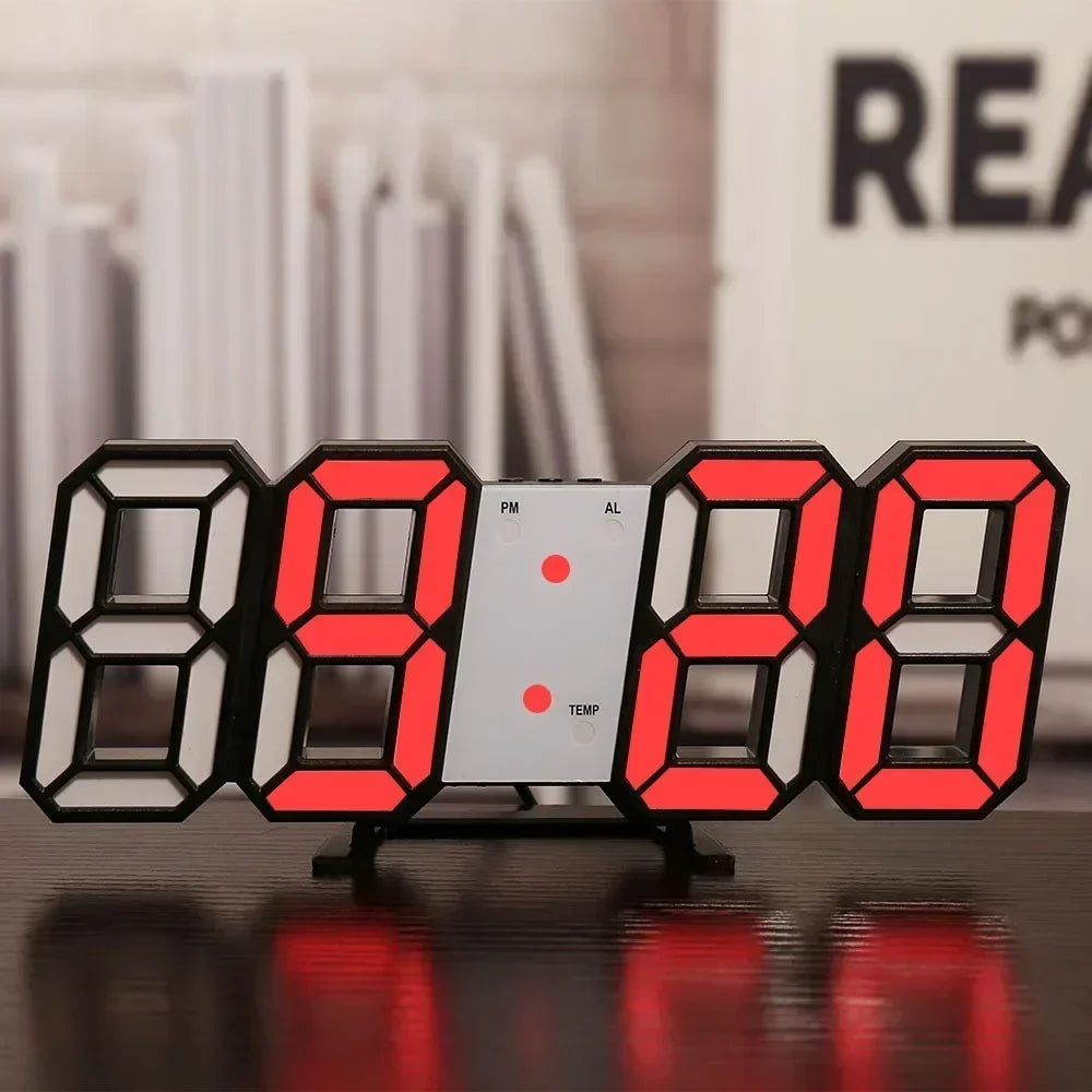 Relógio digital LED 3D de parede com modo noite em fundo branco