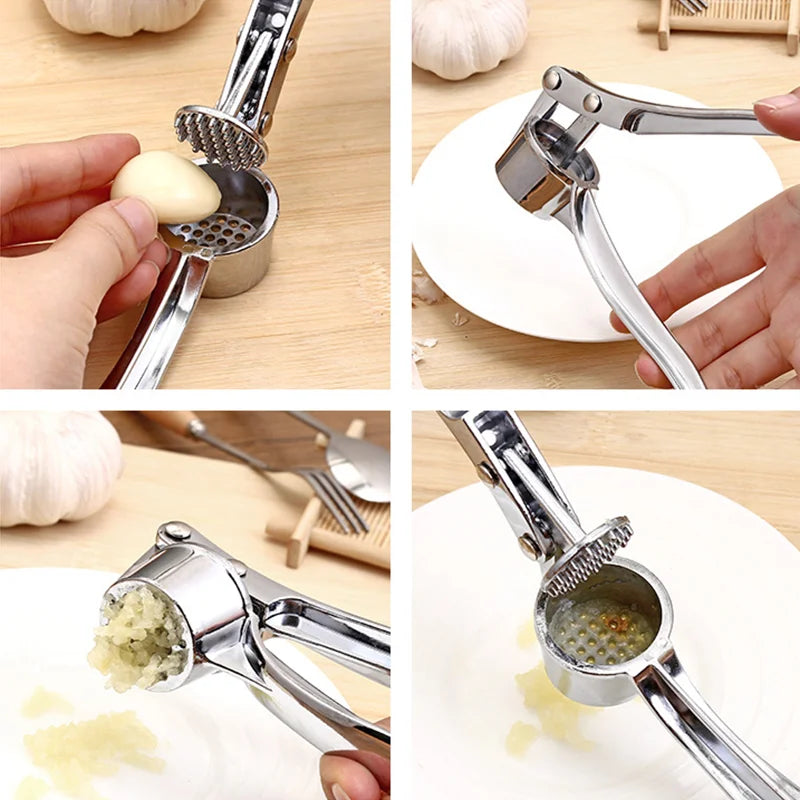 Espremedor de alho manual em aço inox com alça ergonômica em fundo branco