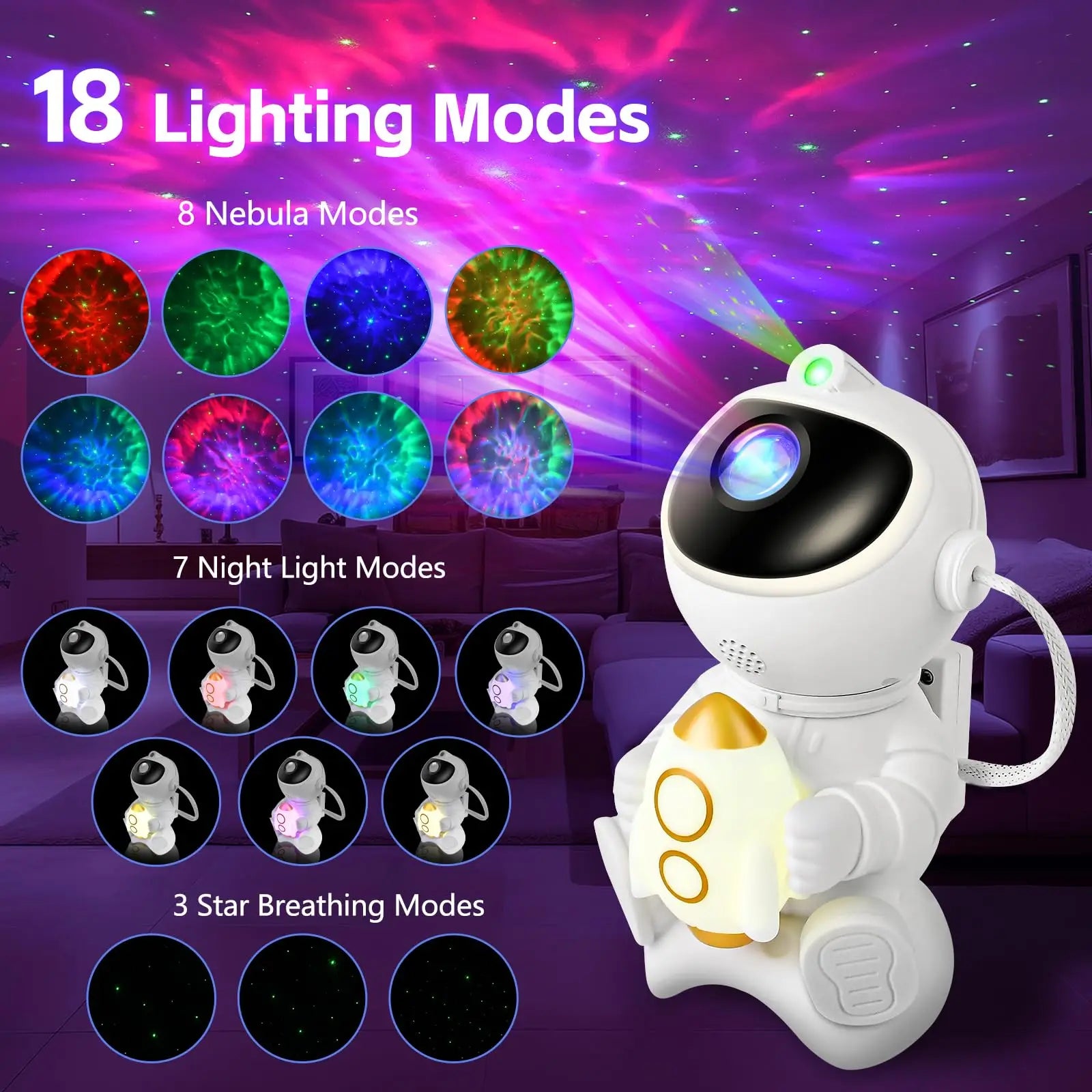 Projetor astronauta galáxia RGB com Bluetooth em fundo branco