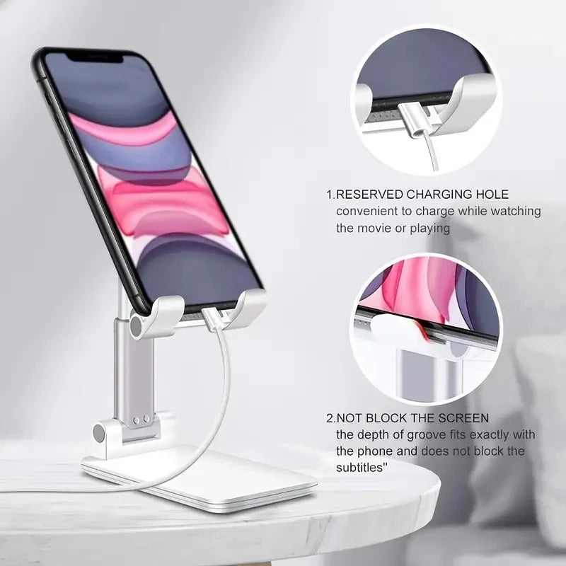 Suporte de celular para mesa ajustável universal com base antiderrapante em fundo branco