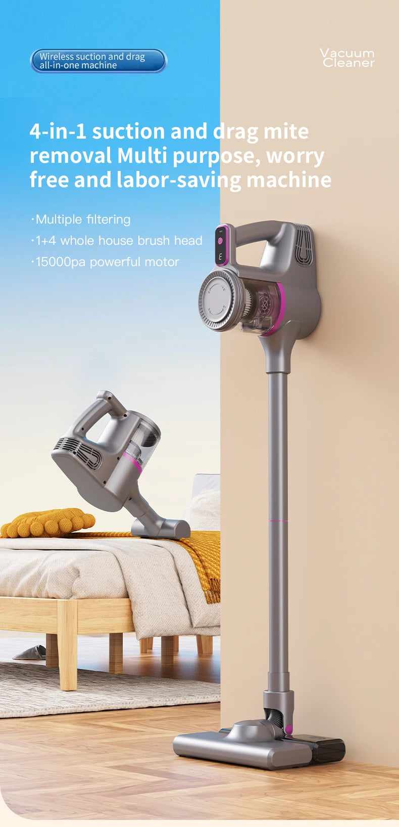 Aspirador vertical sem fio 15000Pa portátil 2 em 1 em fundo branco