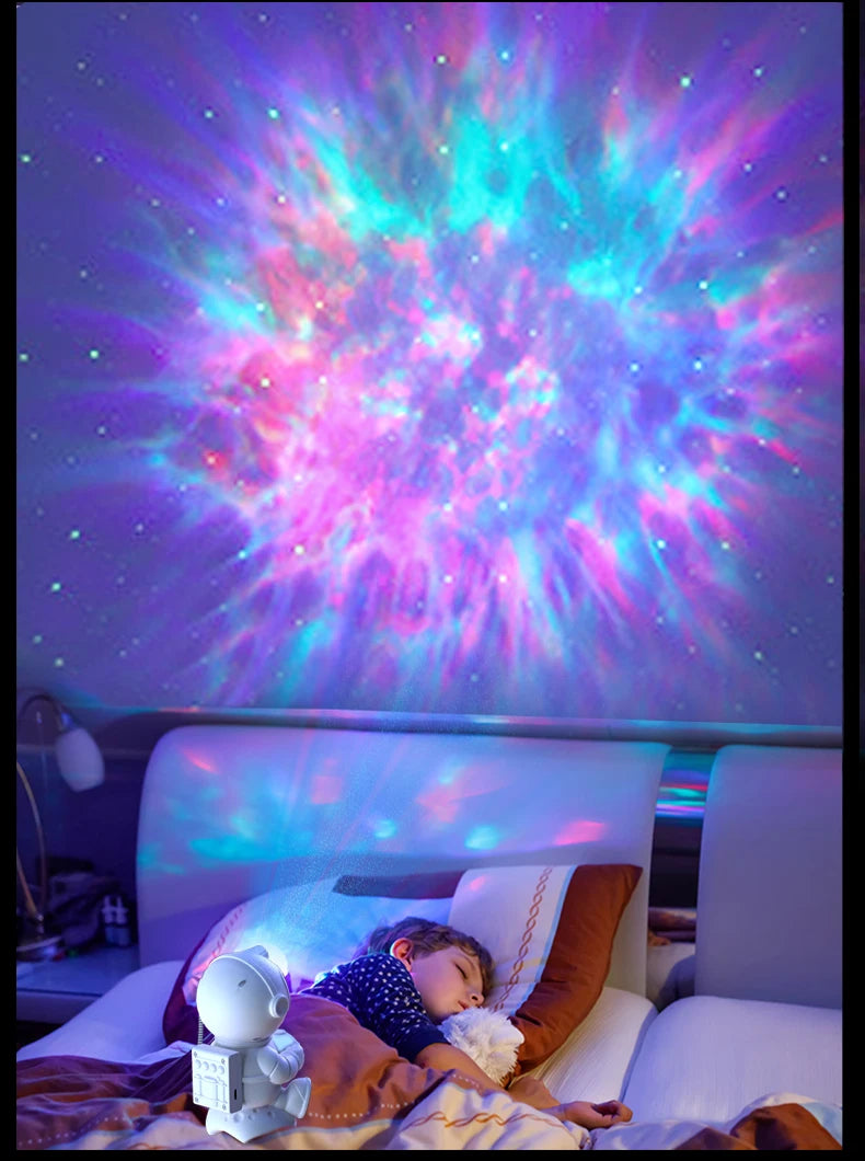Projetor astronauta galáxia RGB com Bluetooth em fundo branco