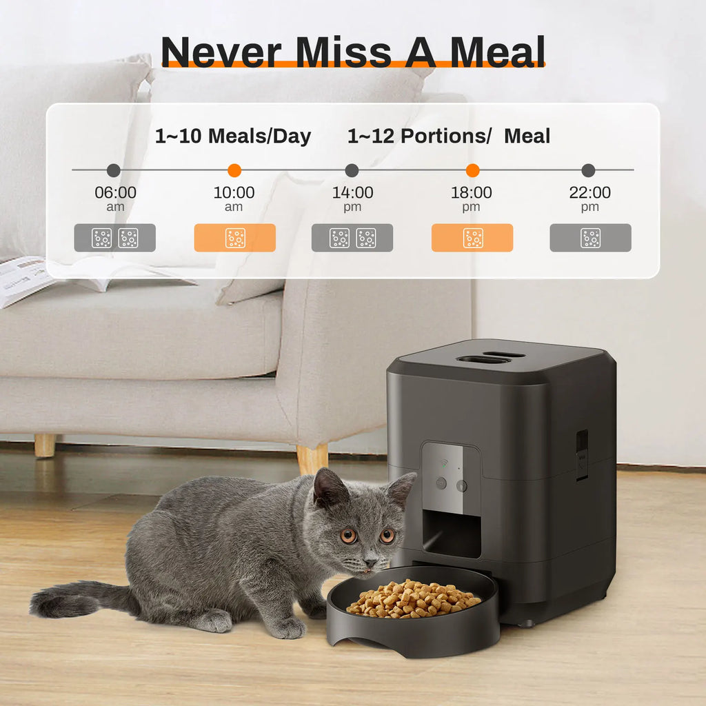 Comedouro automático para pets com timer programável e dispenser inteligente em fundo branco