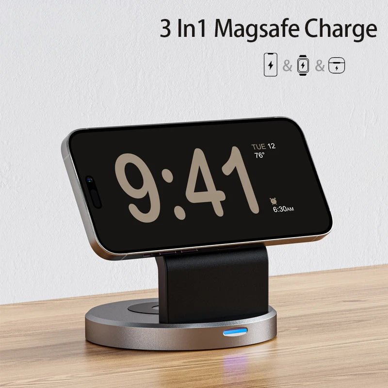 Carregador indução sem fio 3 em 1 para iPhone Watch e AirPods em fundo branco