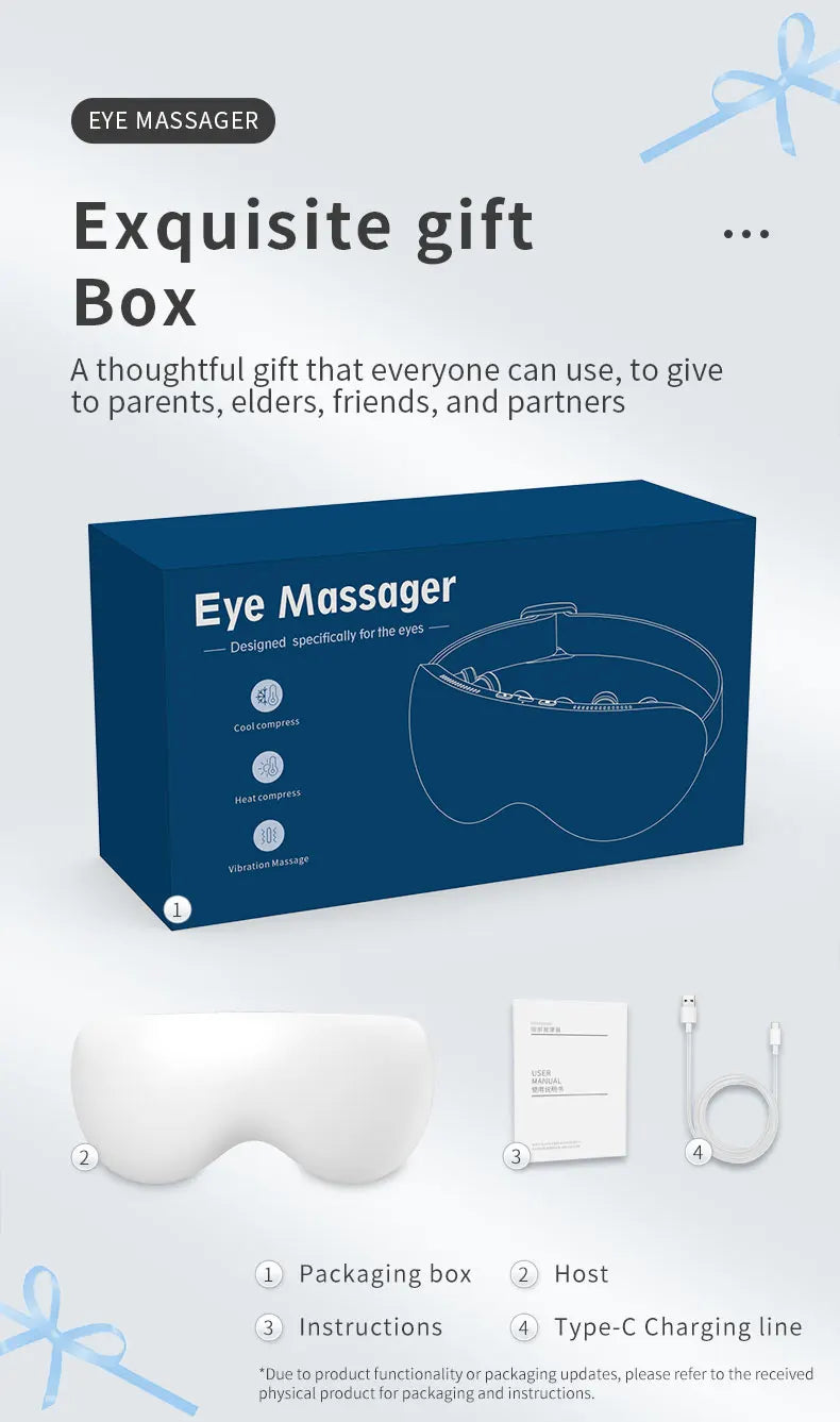 Massageador elétrico para olhos com aquecimento e Bluetooth em fundo branco