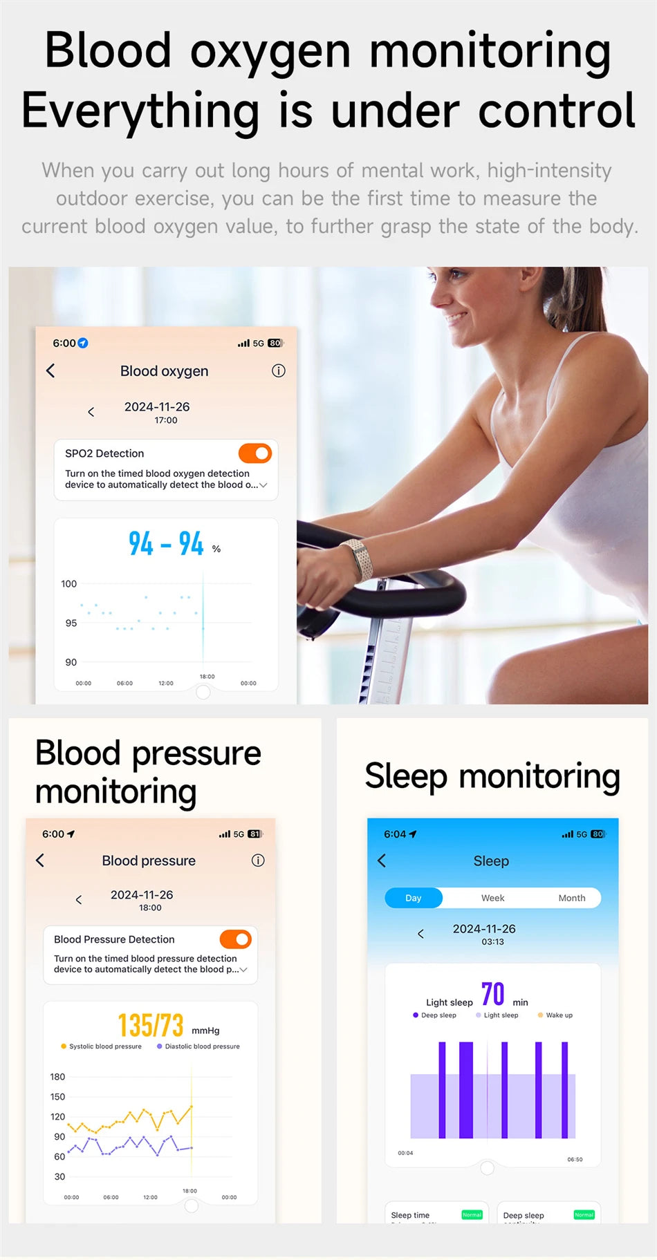 Pulseira fitness inteligente à prova d'água com monitor cardíaco em fundo branco