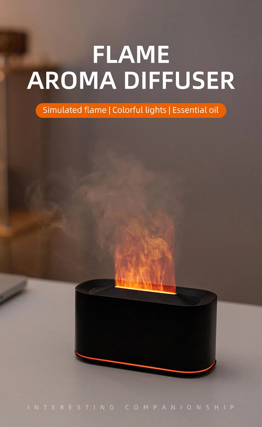 Difusor aromatizador vulcão com chama LED em fundo branco