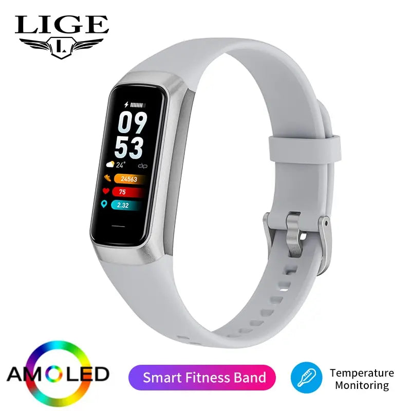 Smartwatch amoled com monitor cardíaco em fundo branco