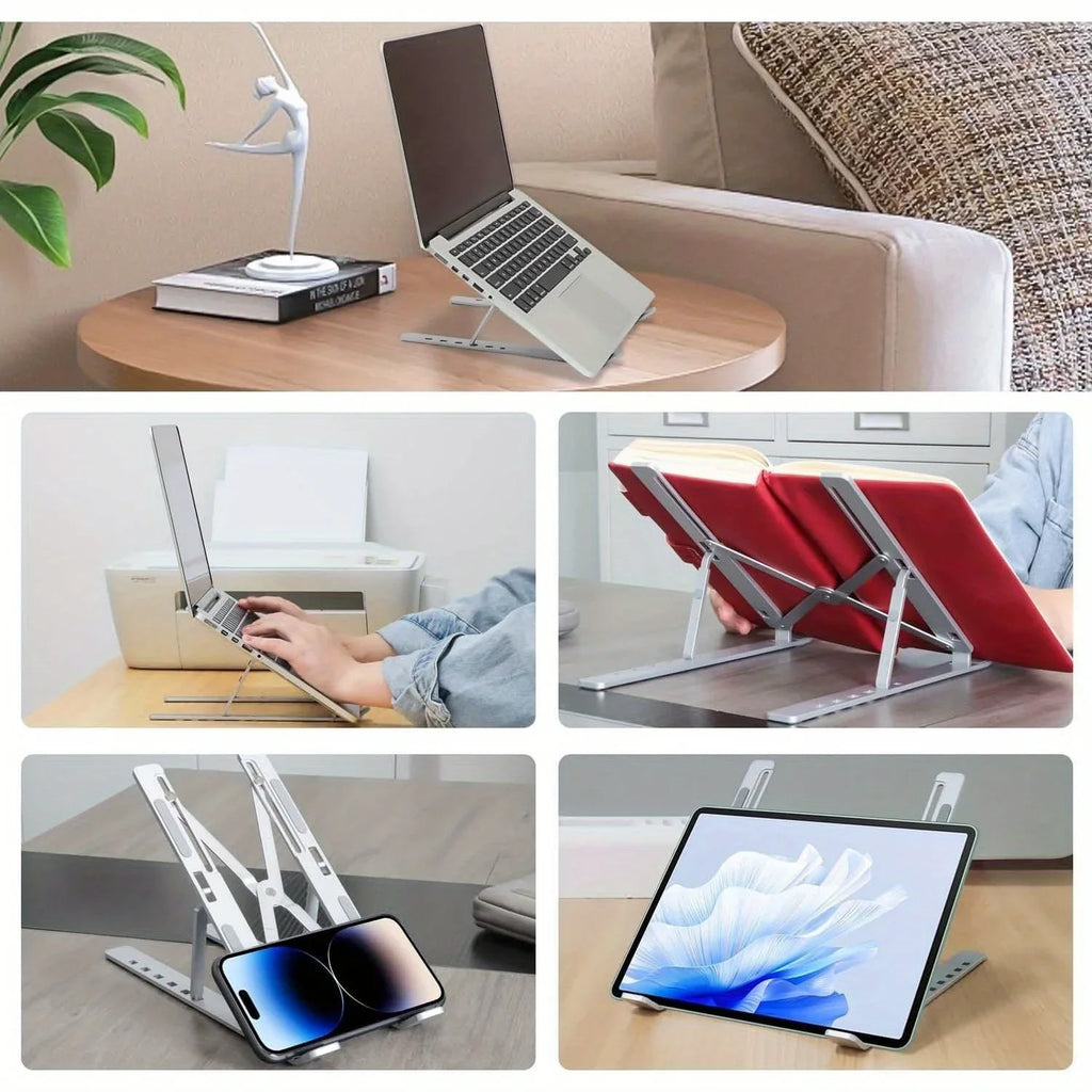 Suporte para notebook ajustável em alumínio dobrável em fundo branco