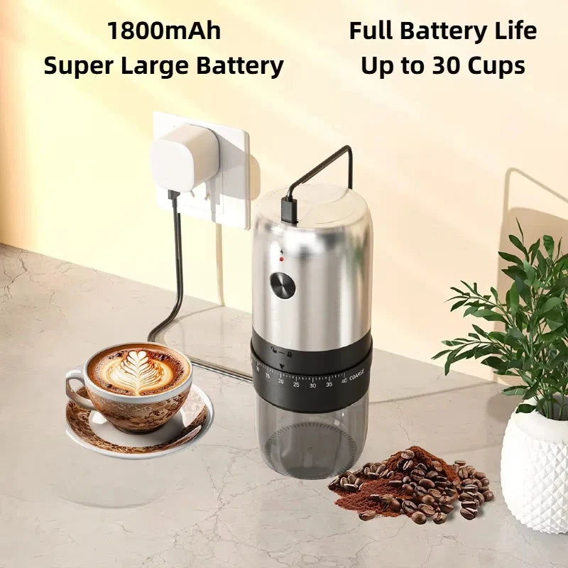 Moedor de café elétrico portátil USB com ajuste de moagem em fundo branco