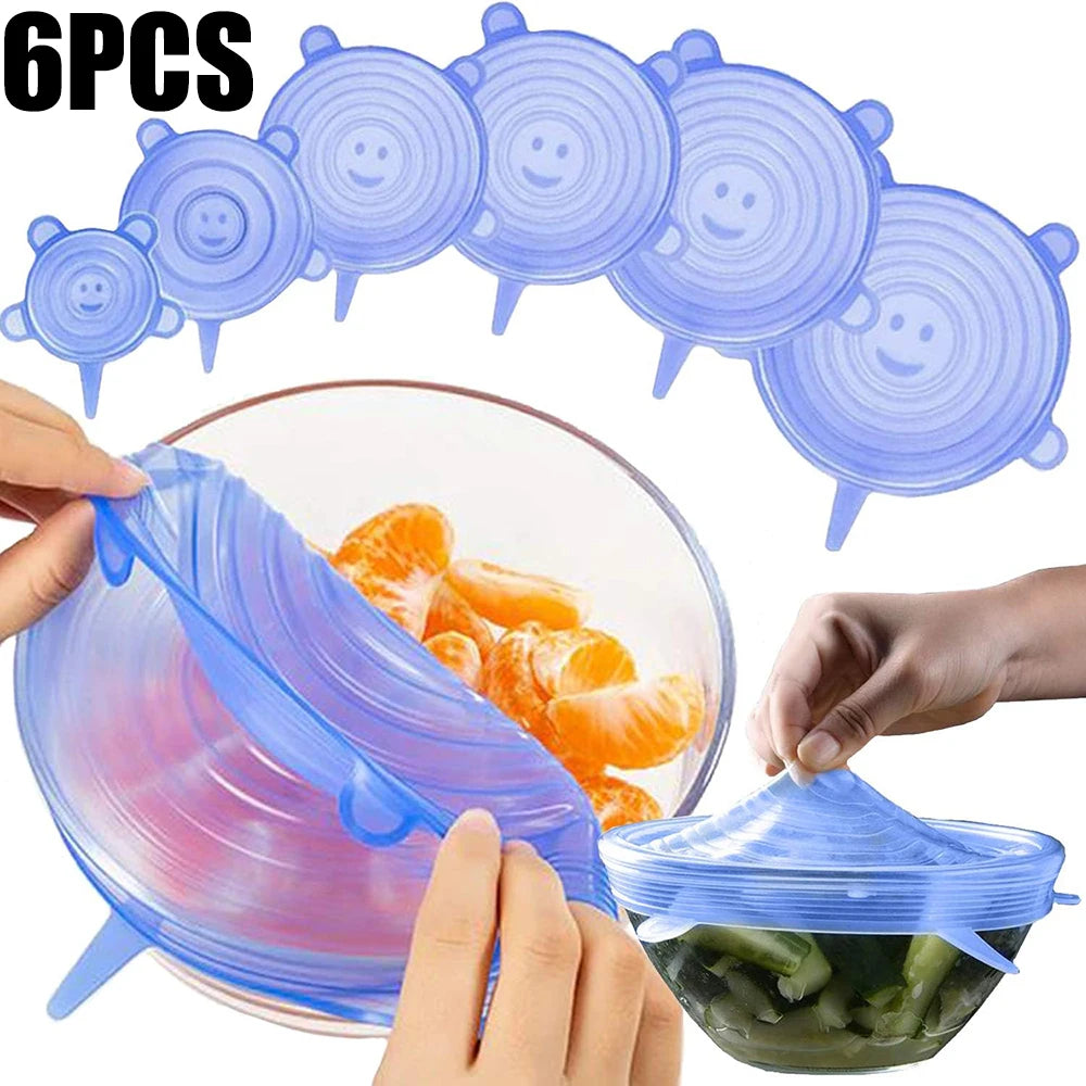 Tampas de silicone reutilizáveis kit 6 peças elásticas para potes em fundo branco