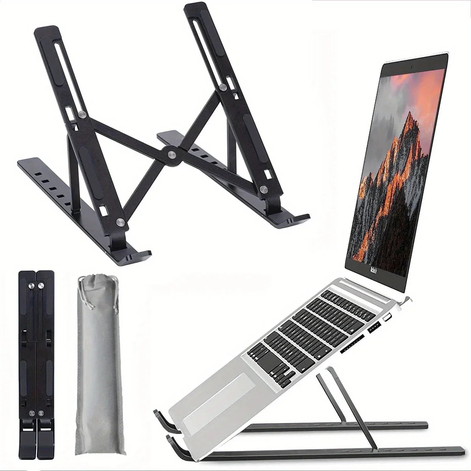 Suporte para notebook ajustável em alumínio dobrável em fundo branco