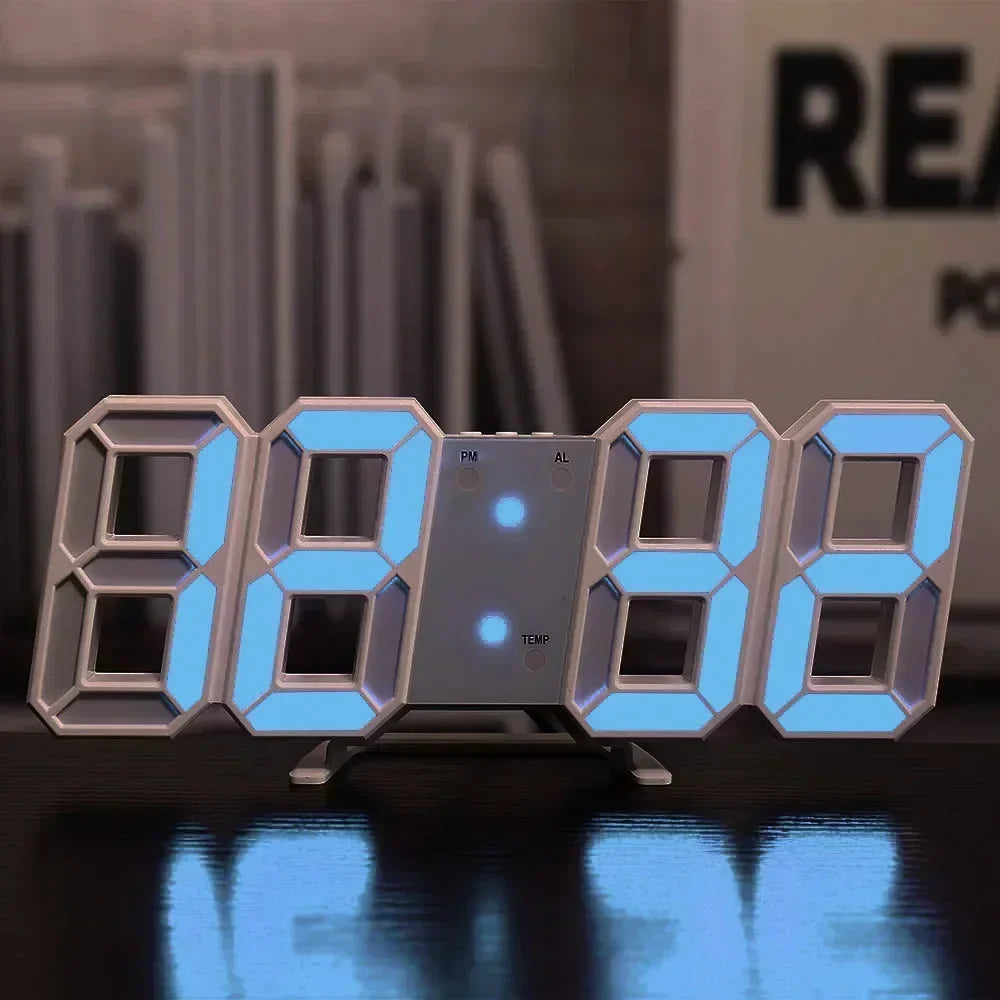 Relógio digital LED 3D de parede com modo noite em fundo branco