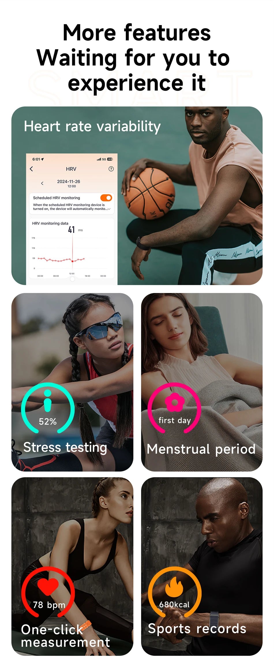 Pulseira fitness inteligente à prova d'água com monitor cardíaco em fundo branco