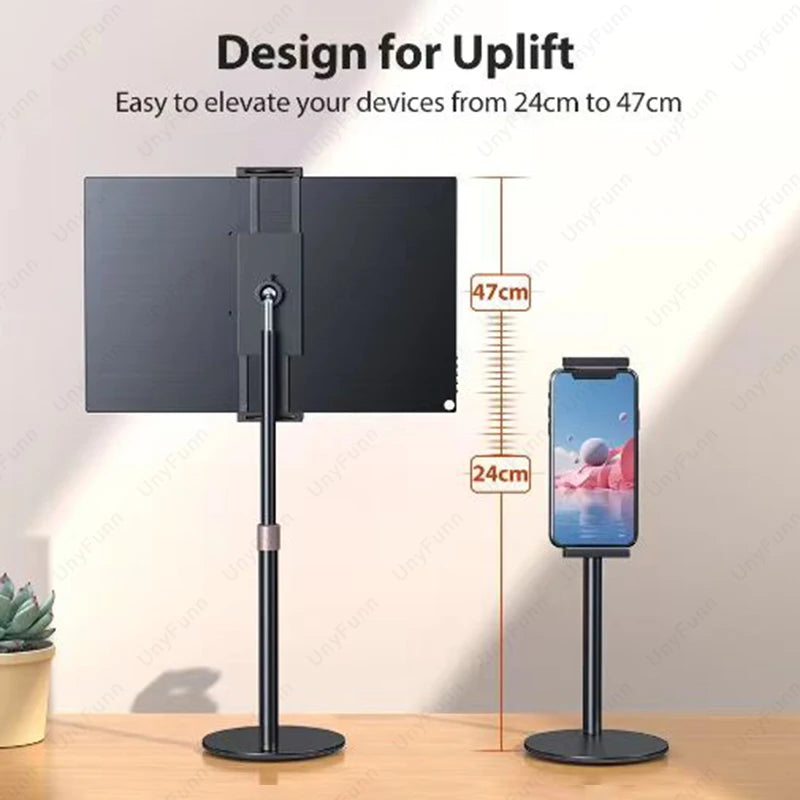 Suporte telescópico ajustável para monitor celular e tablet em fundo branco