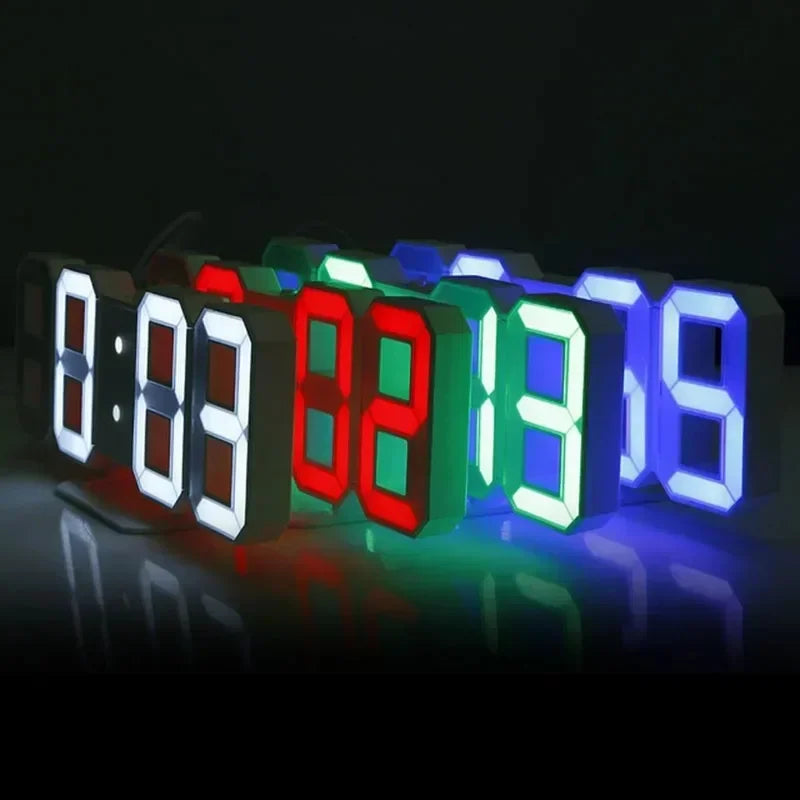 Relógio digital LED 3D de parede com modo noite em fundo branco