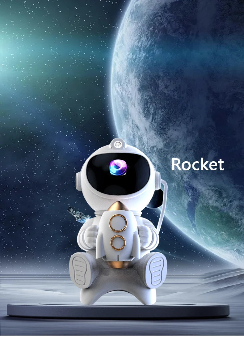 Projetor astronauta galáxia RGB com Bluetooth em fundo branco