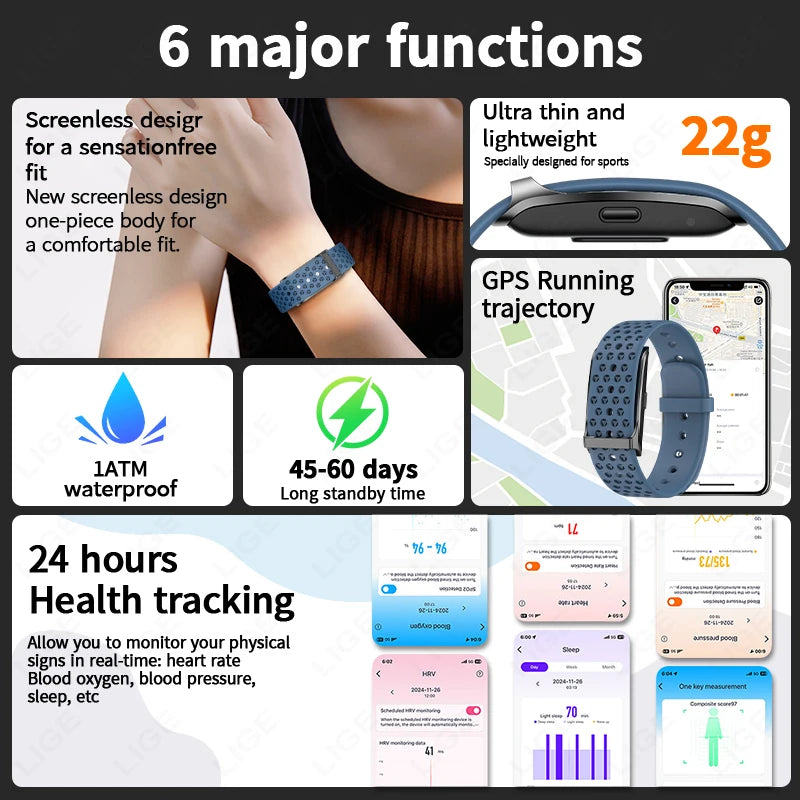 Pulseira fitness inteligente à prova d'água com monitor cardíaco em fundo branco