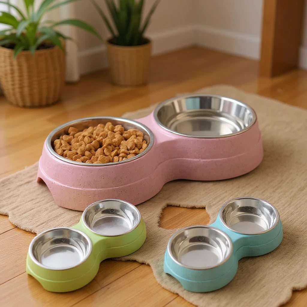 Tigela dupla aço inox para pet antiderrapante em fundo branco