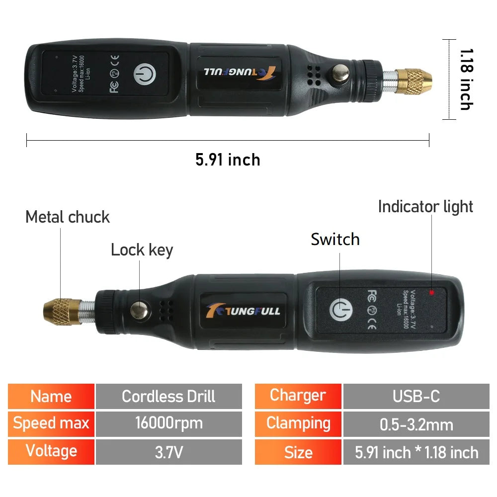 Mini micro retífica elétrica USB recarregável em fundo branco