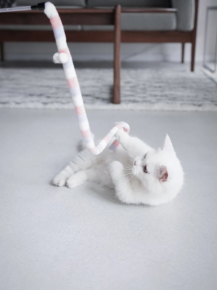 Varinha interativa com penas e sino para gatos em fundo branco